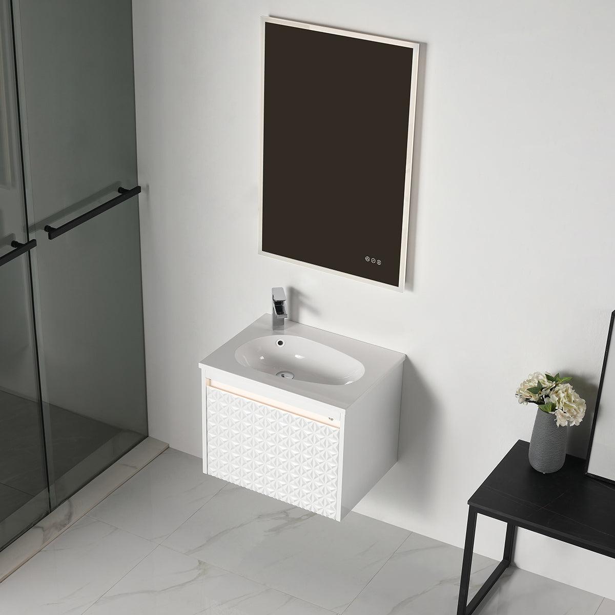 Blossom Thun 24" Glossy White Vanity With Droplet-Shaped Basin and LED Light