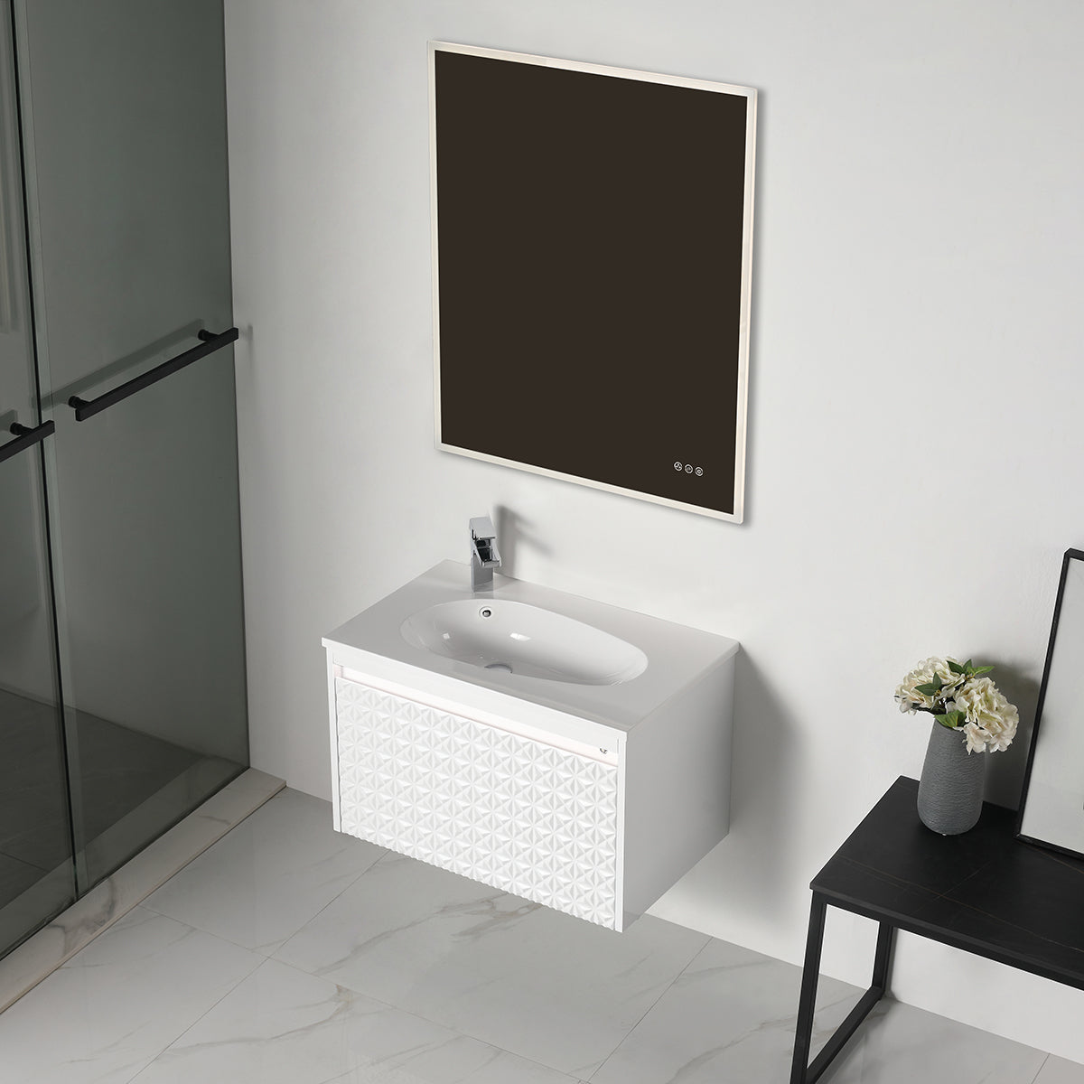 Blossom Thun 30" Glossy White Vanity With Droplet-Shaped Basin and LED Light