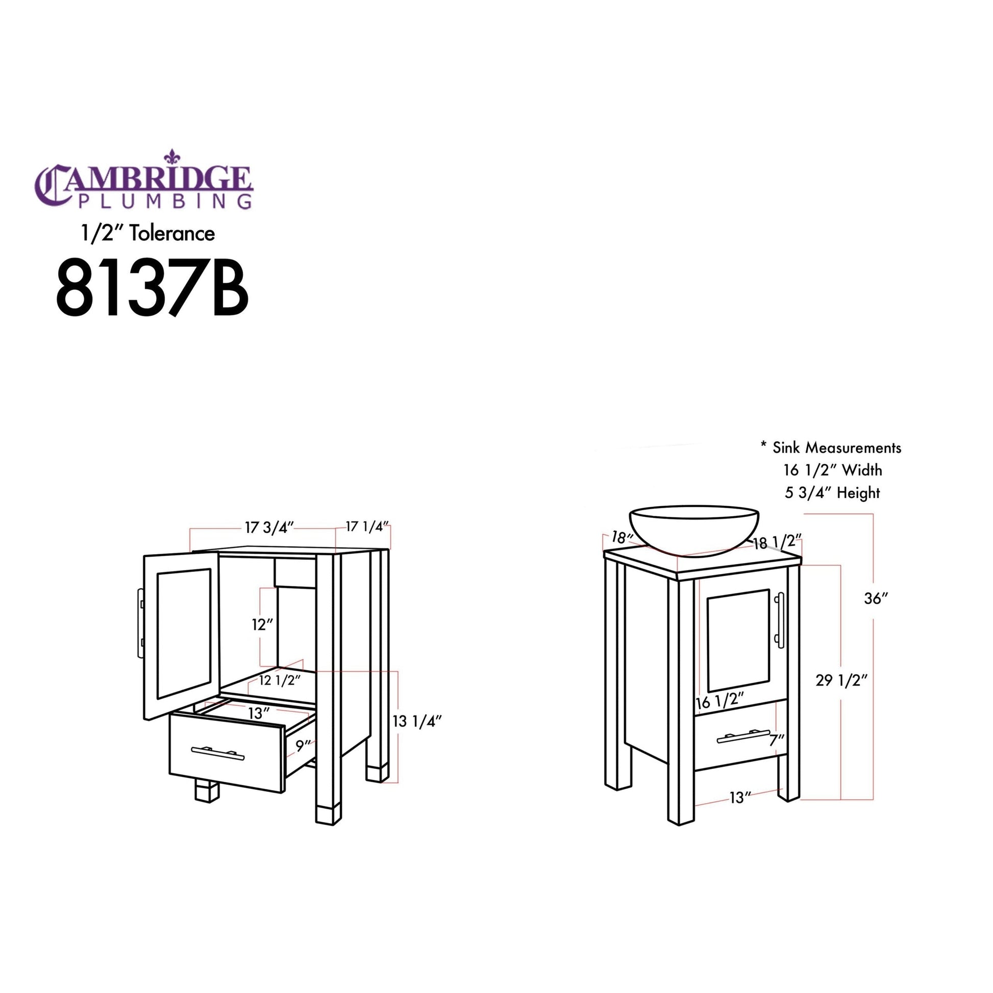 Cambridge Plumbing 18" Modern Wood and Glass Vanity with Brushed Nickel Plumbing-8137BS-BN