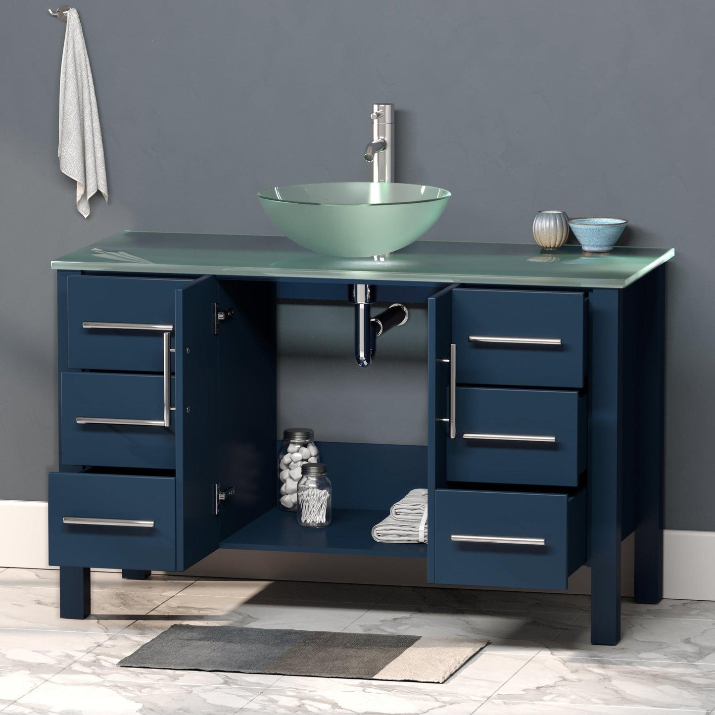 Cambridge Plumbing 48" Modern Wood and Glass Vanity with Brushed Nickel Plumbing-8116BS-BN