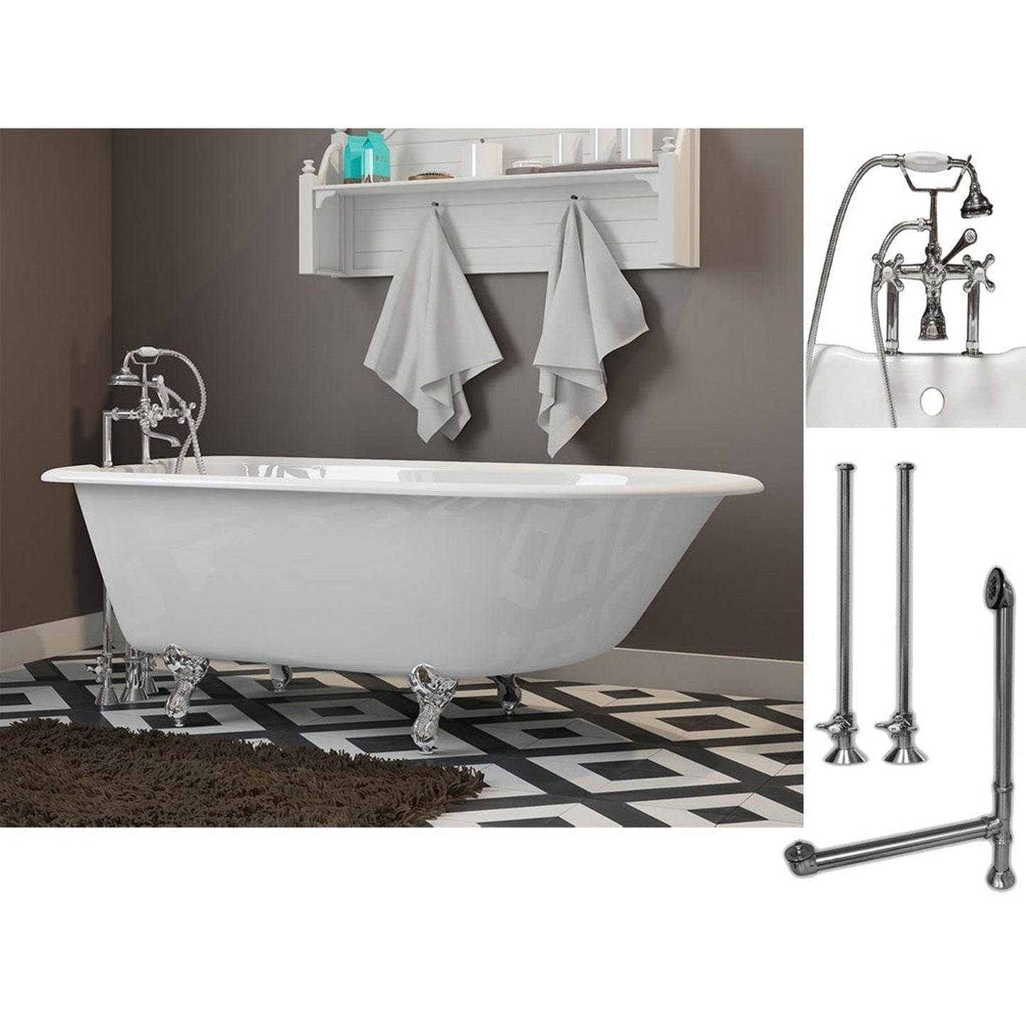 Cambridge Plumbing 54" White Cast Iron Rolled Rim Clawfoot Bathtub With Deck Holes And Complete Plumbing Package Including 6” Riser Deck Mount Faucet, Supply Lines, Drain And Overflow Assembly In Polished Chrome