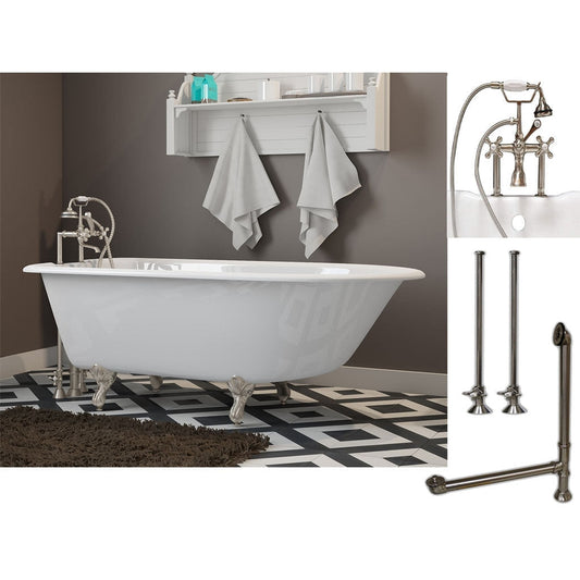 Cambridge Plumbing 54" White Cast Iron Rolled Rim Clawfoot Bathtub With Deck Holes And Complete Plumbing Package Including 6” Riser Deck Mount Faucet, Supply Lines, Drain And Overflow Assembly In Brushed Nickel