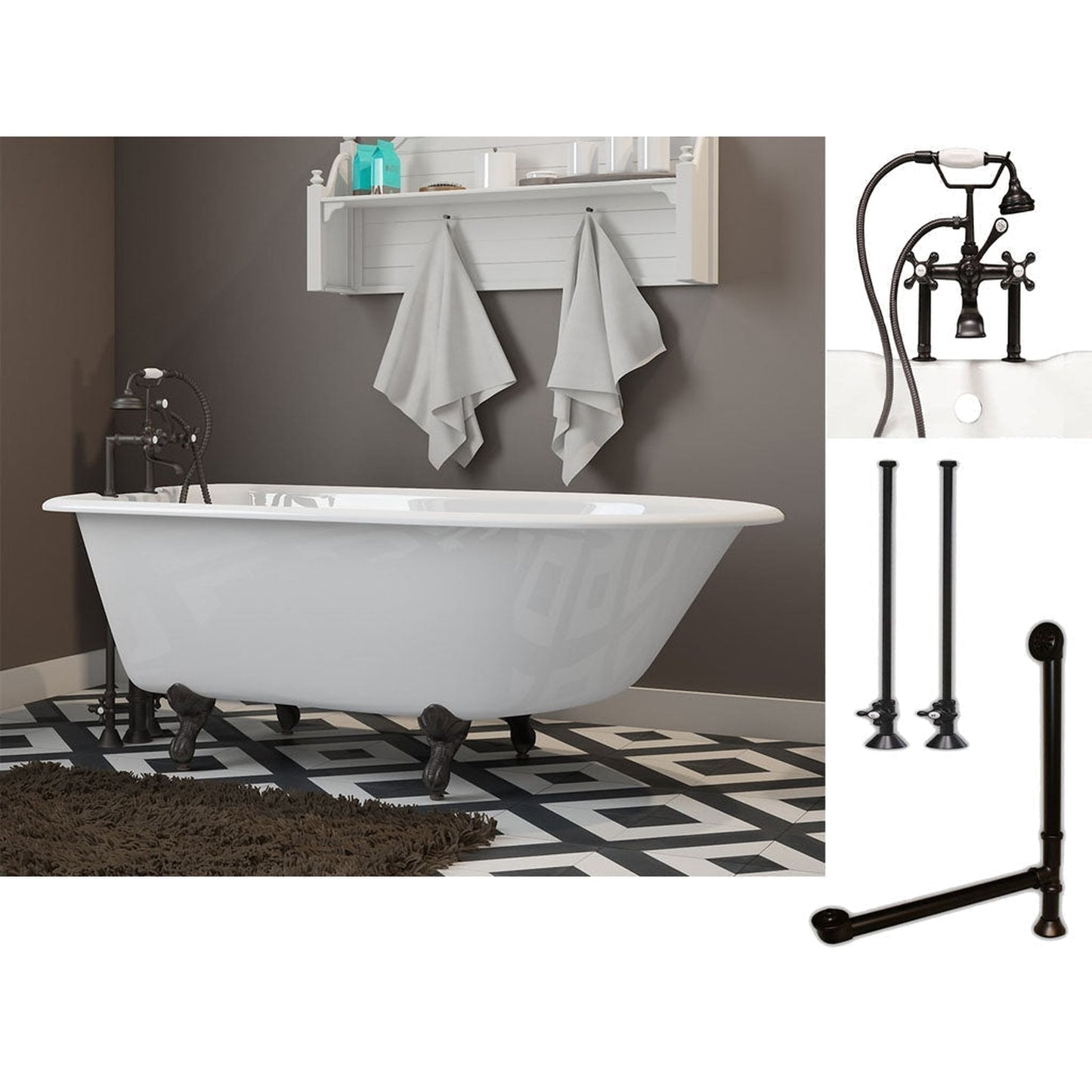Cambridge Plumbing 54" White Cast Iron Rolled Rim Clawfoot Bathtub With Deck Holes And Complete Plumbing Package Including 6” Riser Deck Mount Faucet, Supply Lines, Drain And Overflow Assembly In Oil Rubbed Bronze