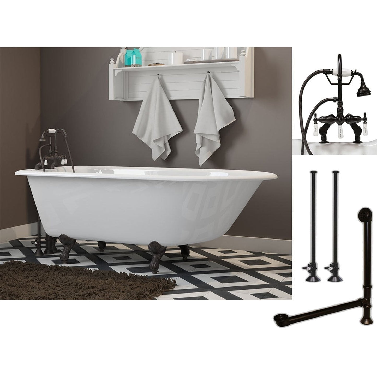 Cambridge Plumbing 54" White Cast Iron Rolled Rim Clawfoot Bathtub With Deck Holes And Complete Plumbing Package Including Porcelain Lever English Telephone Brass Faucet, Supply Lines, Drain And Overflow Assembly In Oil Rubbed Bronze