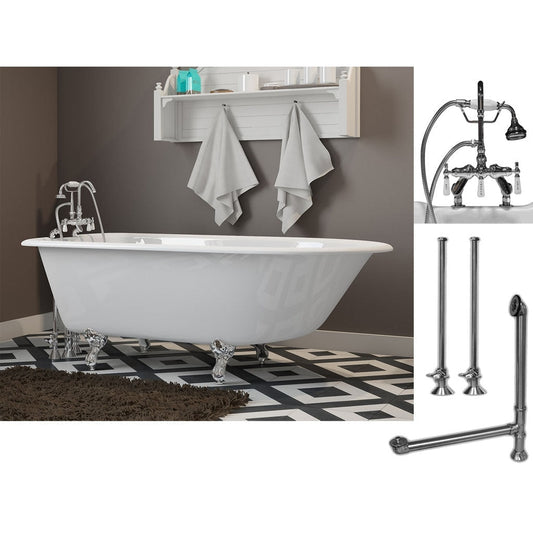 Cambridge Plumbing 54" White Cast Iron Rolled Rim Clawfoot Bathtub With Deck Holes And Complete Plumbing Package Including Porcelain Lever English Telephone Brass Faucet, Supply Lines, Drain And Overflow Assembly In Polished Chrome