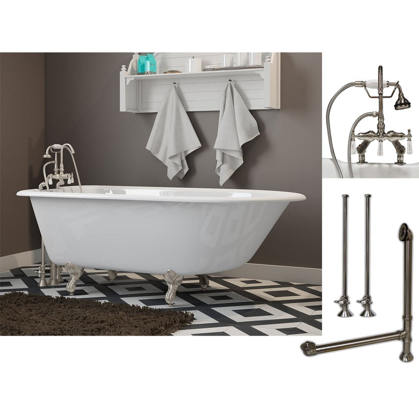Cambridge Plumbing 54" White Cast Iron Rolled Rim Clawfoot Bathtub With Deck Holes And Complete Plumbing Package Including Porcelain Lever English Telephone Brass Faucet, Supply Lines, Drain And Overflow Assembly In Brushed Nickel