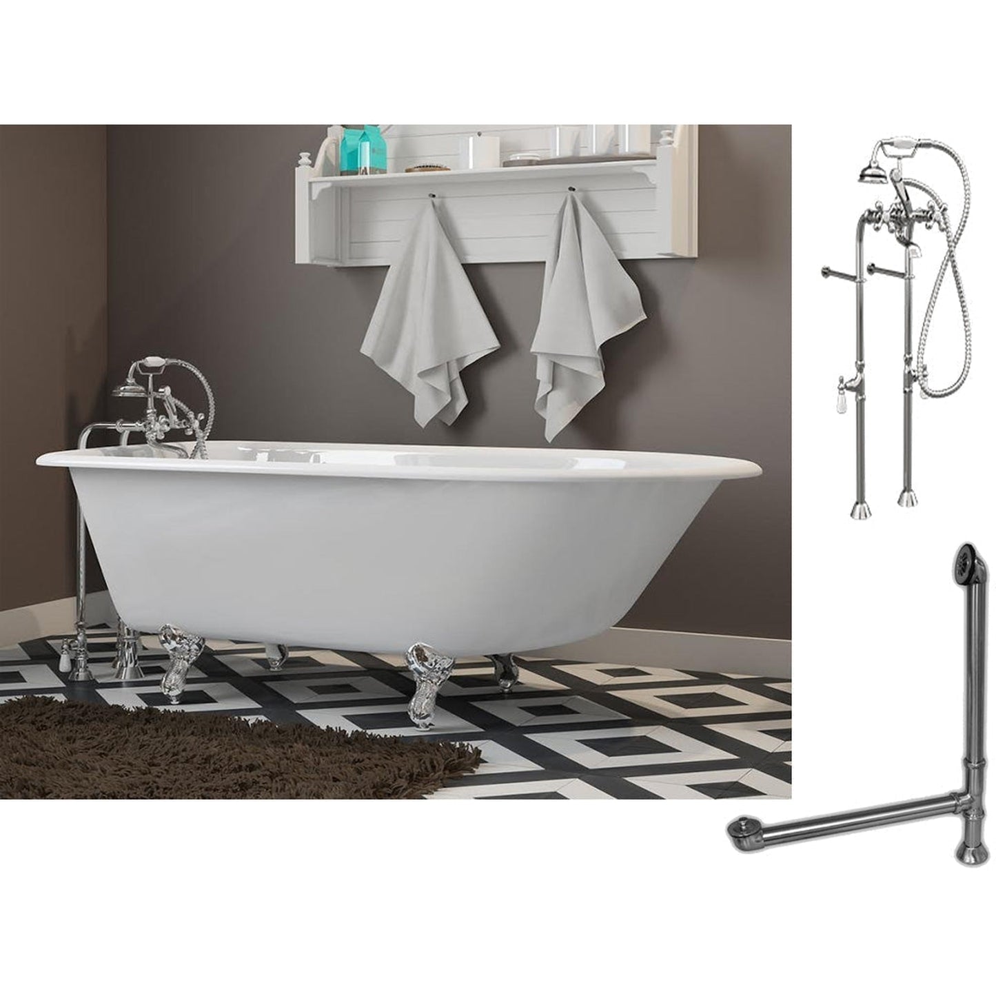 Cambridge Plumbing 54" White Cast Iron Rolled Rim Clawfoot Bathtub With No Deck Holes And Complete Plumbing Package Including Floor Mounted British Telephone Faucet, Drain And Overflow Assembly In Polished Chrome
