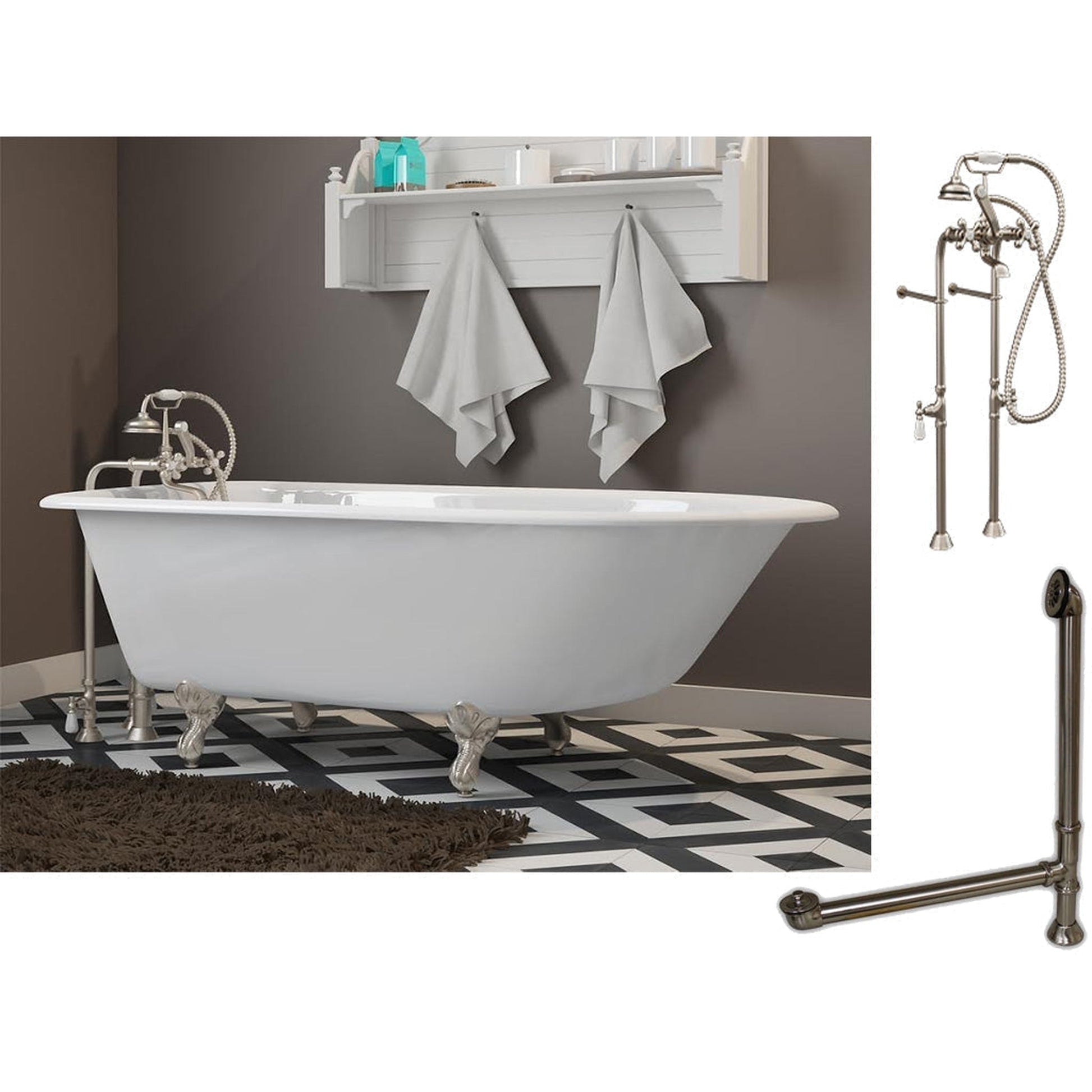 Cambridge Plumbing 54" White Cast Iron Rolled Rim Clawfoot Bathtub With No Deck Holes And Complete Plumbing Package Including Floor Mounted British Telephone Faucet, Drain And Overflow Assembly In Brushed Nickel