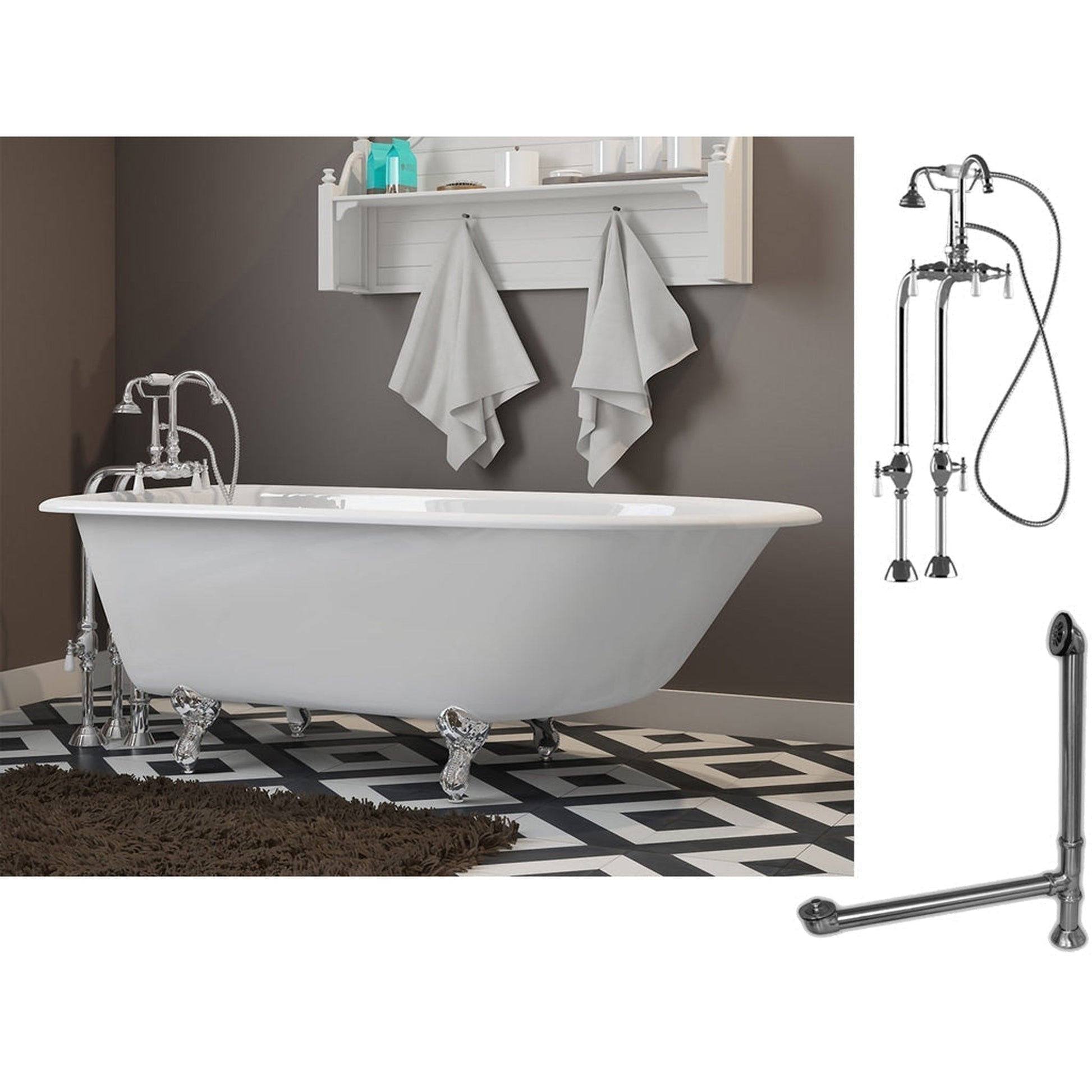Cambridge Plumbing 54" White Cast Iron Rolled Rim Clawfoot Bathtub With No Deck Holes And Complete Plumbing Package Including Freestanding English Telephone Gooseneck Faucet, Drain And Overflow Assembly In Polished Chrome