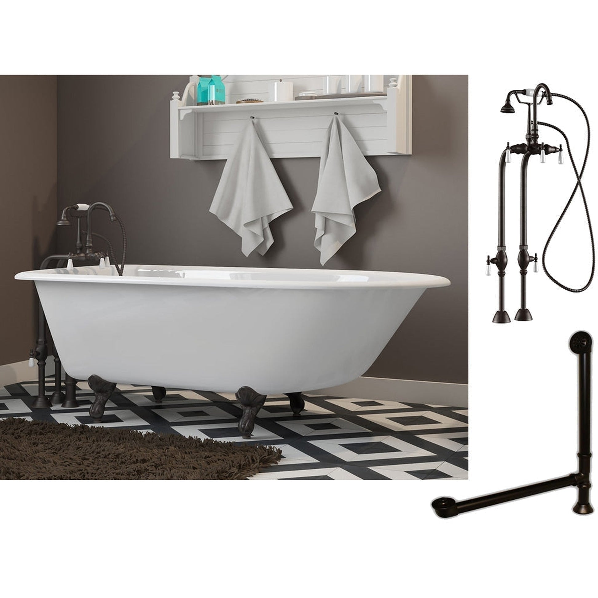 Cambridge Plumbing 54" White Cast Iron Rolled Rim Clawfoot Bathtub With No Deck Holes And Complete Plumbing Package Including Freestanding English Telephone Gooseneck Faucet, Drain And Overflow Assembly In Oil Rubbed Bronze
