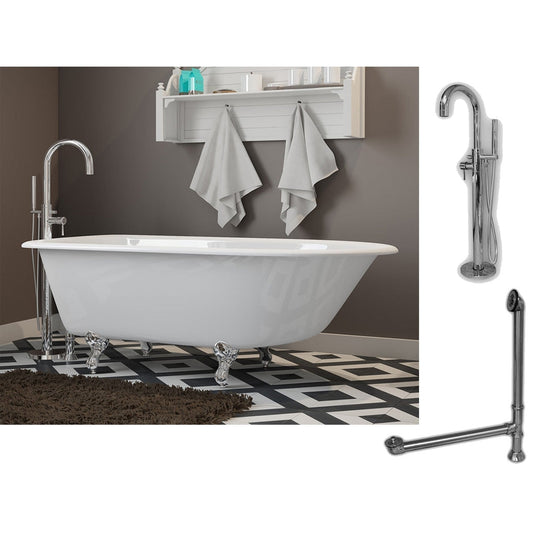 Cambridge Plumbing 54" White Cast Iron Rolled Rim Clawfoot Bathtub With No Deck Holes And Complete Plumbing Package Including Modern Floor Mounted Faucet, Drain And Overflow Assembly In Polished Chrome