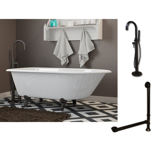 Cambridge Plumbing 54" White Cast Iron Rolled Rim Clawfoot Bathtub With No Deck Holes And Complete Plumbing Package Including Modern Floor Mounted Faucet, Drain And Overflow Assembly In Oil Rubbed Bronze