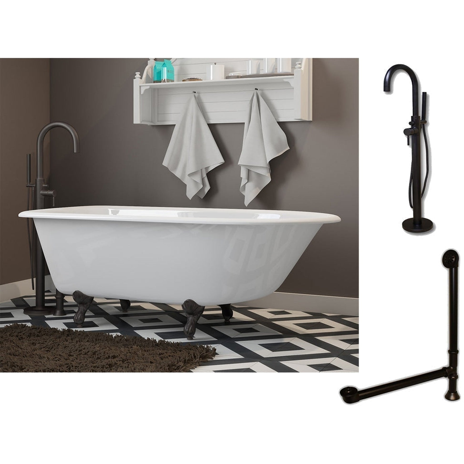 Cambridge Plumbing 54" White Cast Iron Rolled Rim Clawfoot Bathtub With No Deck Holes And Complete Plumbing Package Including Modern Floor Mounted Faucet, Drain And Overflow Assembly In Oil Rubbed Bronze