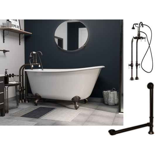 Cambridge Plumbing 54" White Cast Iron Swedish Single Slipper Clawfoot Bathtub With No Deck Holes And Complete Plumbing Package Including Freestanding English Telephone Gooseneck Faucet, Drain And Overflow Assembly In Oil Rubbed Bronze