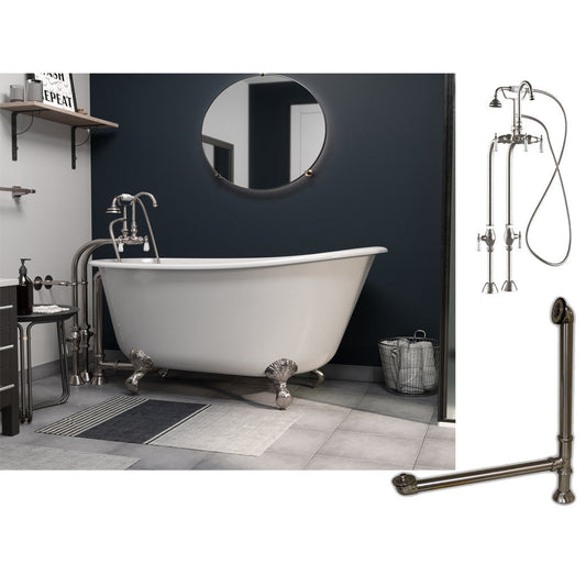Cambridge Plumbing 54" White Cast Iron Swedish Single Slipper Clawfoot Bathtub With No Deck Holes And Complete Plumbing Package Including Freestanding English Telephone Gooseneck Faucet, Drain And Overflow Assembly In Brushed Nickel