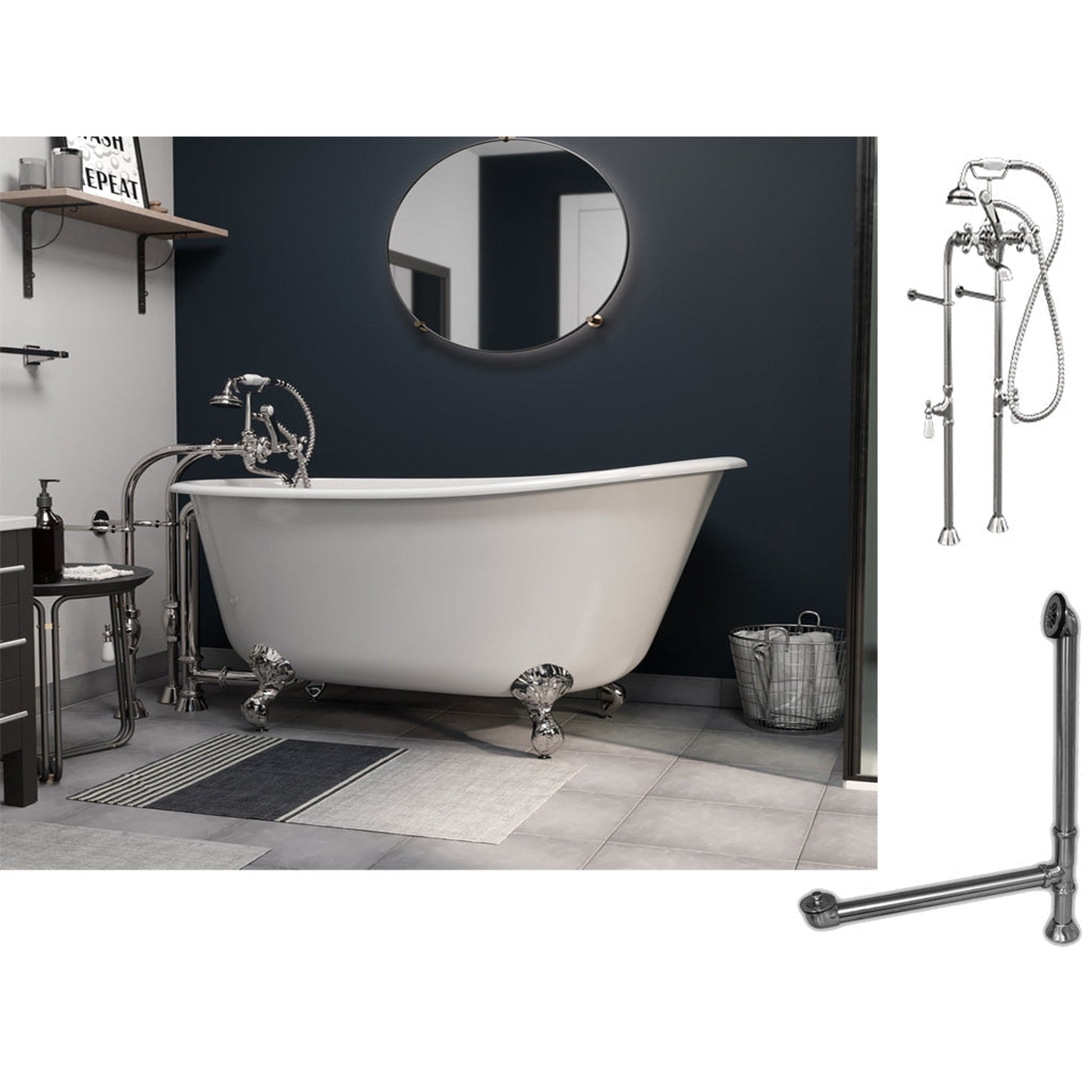 Cambridge Plumbing 54" White Cast Iron Swedish Single Slipper Clawfoot Bathtub With No Deck Holes And Complete Plumbing Package Including Modern Floor Mounted British Telephone Faucet, Drain And Overflow Assembly In Polished Chrome