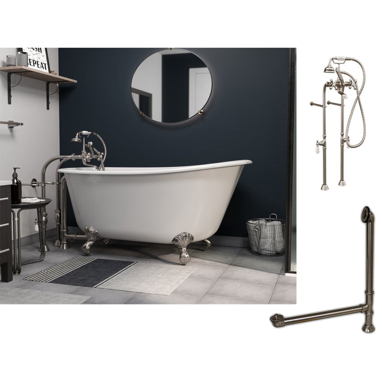 Cambridge Plumbing 54" White Cast Iron Swedish Single Slipper Clawfoot Bathtub With No Deck Holes And Complete Plumbing Package Including Modern Floor Mounted British Telephone Faucet, Drain And Overflow Assembly In Brushed Nickel