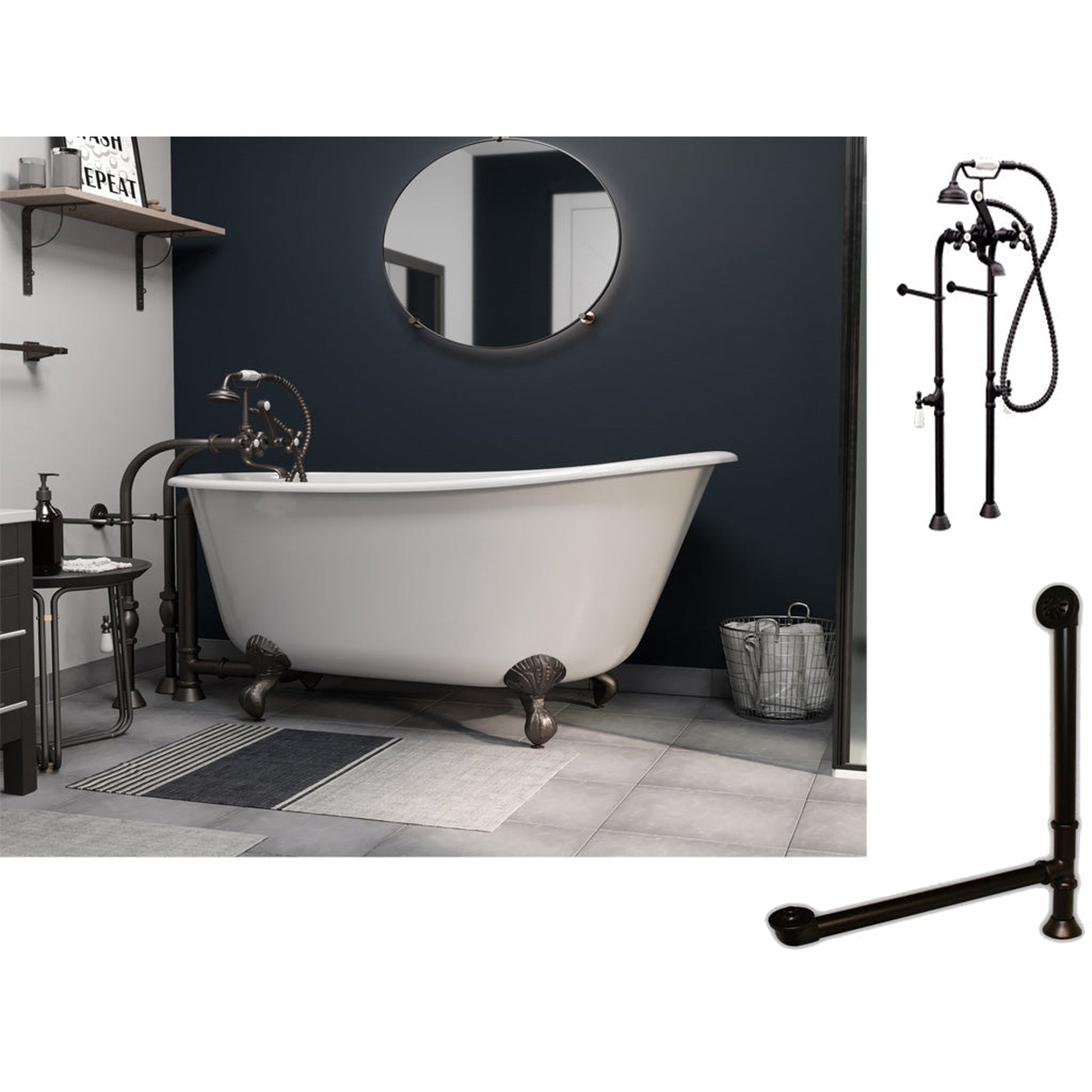 Cambridge Plumbing 54" White Cast Iron Swedish Single Slipper Clawfoot Bathtub With No Deck Holes And Complete Plumbing Package Including Modern Floor Mounted British Telephone Faucet, Drain And Overflow Assembly In Oil Rubbed Bronze
