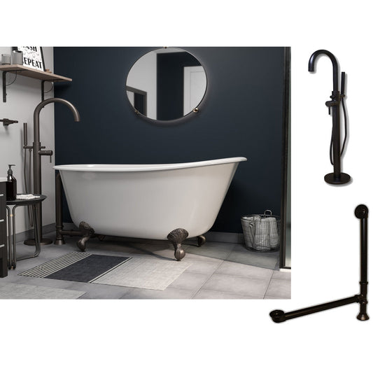 Cambridge Plumbing 54" White Cast Iron Swedish Single Slipper Clawfoot Bathtub With No Deck Holes And Complete Plumbing Package Including Modern Floor Mounted Faucet, Drain And Overflow Assembly In Oil Rubbed Bronze