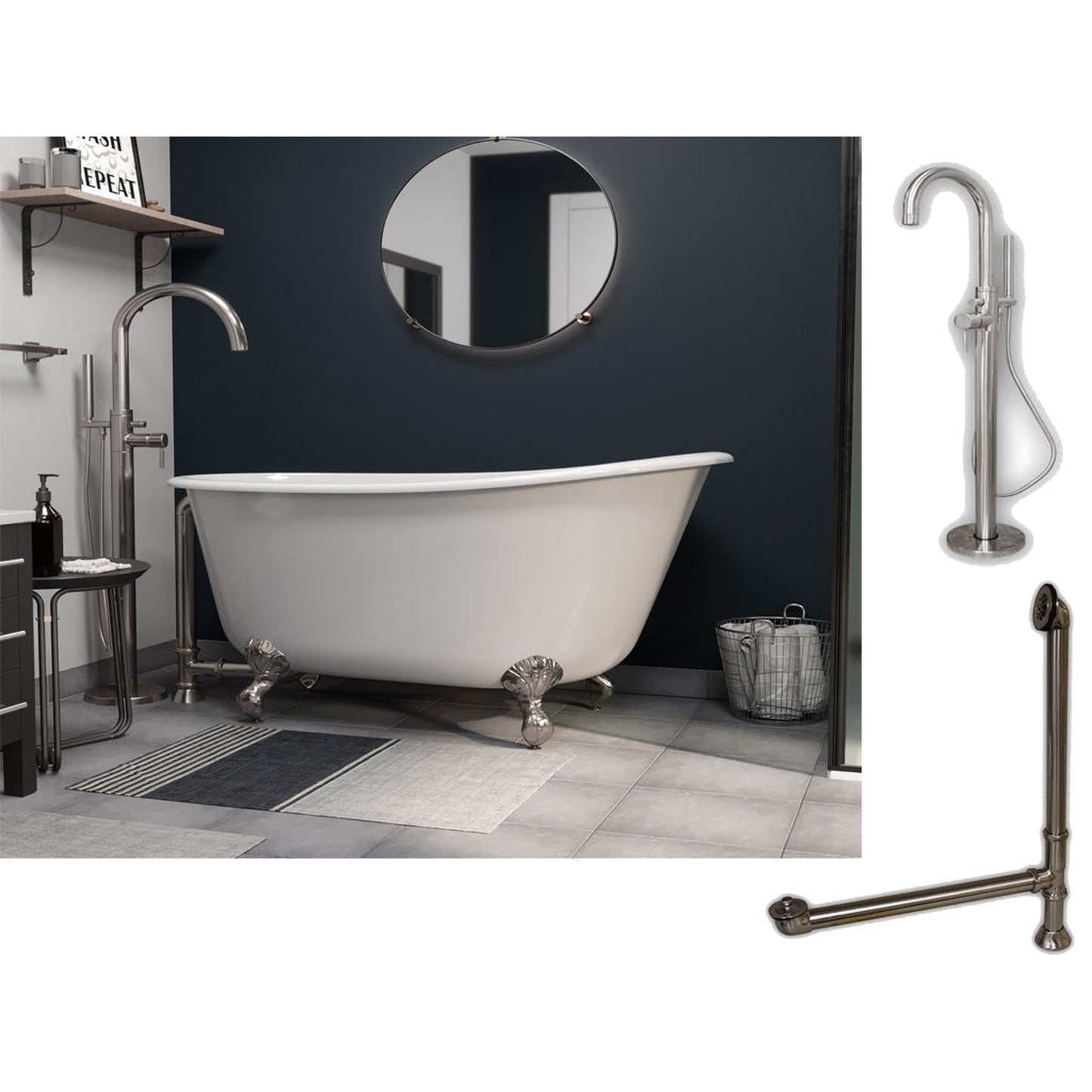 Cambridge Plumbing 54" White Cast Iron Swedish Single Slipper Clawfoot Bathtub With No Deck Holes And Complete Plumbing Package Including Modern Floor Mounted Faucet, Drain And Overflow Assembly In Brushed Nickel