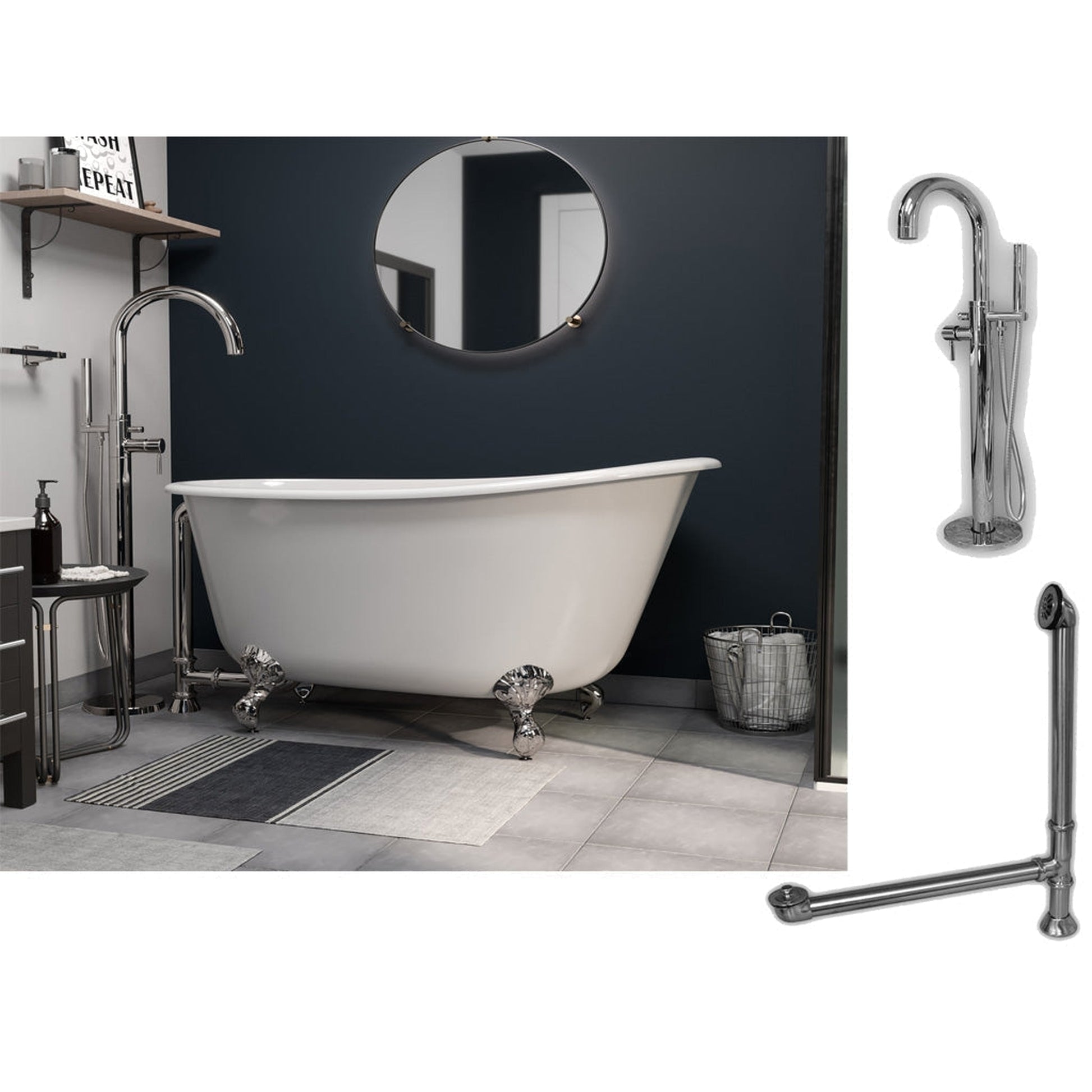 Cambridge Plumbing 54" White Cast Iron Swedish Single Slipper Clawfoot Bathtub With No Deck Holes And Complete Plumbing Package Including Modern Floor Mounted Faucet, Drain And Overflow Assembly In Polished Chrome