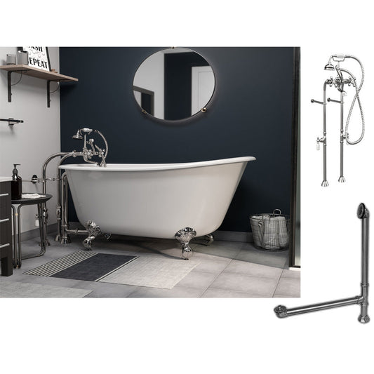 Cambridge Plumbing 58" White Cast Iron Swedish Single Slipper Clawfoot Bathtub With No Deck Holes And Complete Plumbing Package Including Modern Floor Mounted British Telephone Faucet, Drain And Overflow Assembly In Polished Chrome