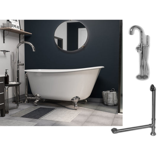 Cambridge Plumbing 58" White Cast Iron Swedish Single Slipper Clawfoot Bathtub With No Deck Holes And Complete Plumbing Package Including Modern Floor Mounted Faucet, Drain And Overflow Assembly In Polished Chrome