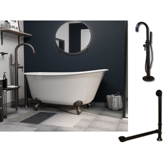 Cambridge Plumbing 58" White Cast Iron Swedish Single Slipper Clawfoot Bathtub With No Deck Holes And Complete Plumbing Package Including Modern Floor Mounted Faucet, Drain And Overflow Assembly In Oil Rubbed Bronze