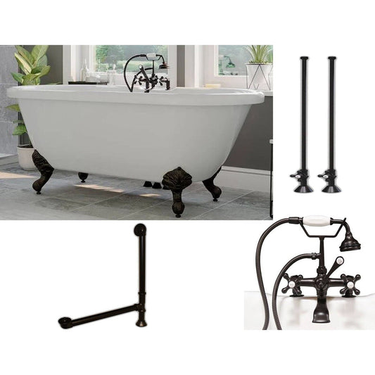 Cambridge Plumbing 60" White Acrylic Double Ended Clawfoot Bathtub With Deck Holes And Complete Plumbing Package Including 2” Riser Deck Mount Faucet, Supply Lines, Drain And Overflow Assembly In Oil Rubbed Bronze