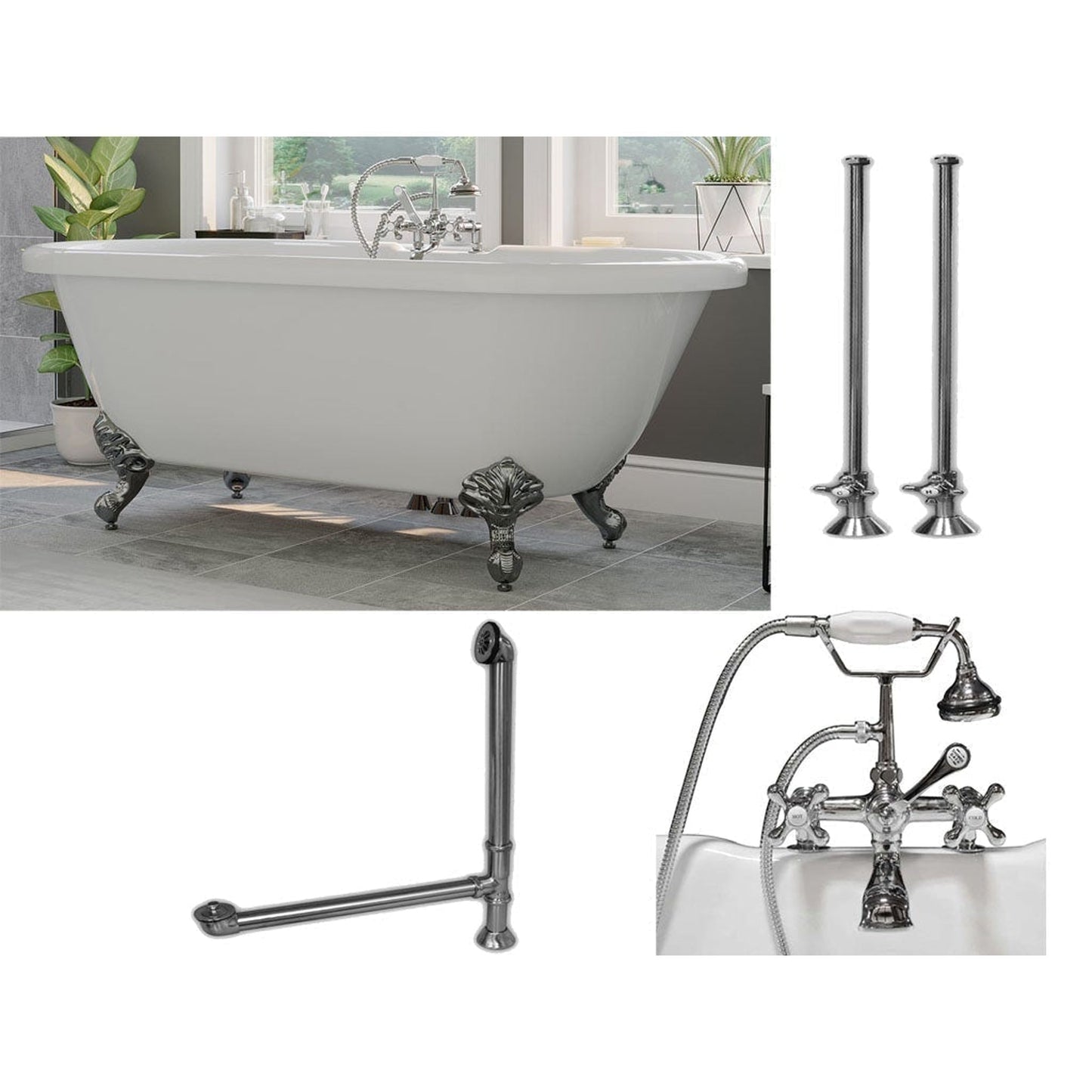 Cambridge Plumbing 60" White Acrylic Double Ended Clawfoot Bathtub With Deck Holes And Complete Plumbing Package Including 2” Riser Deck Mount Faucet, Supply Lines, Drain And Overflow Assembly In Polished Chrome