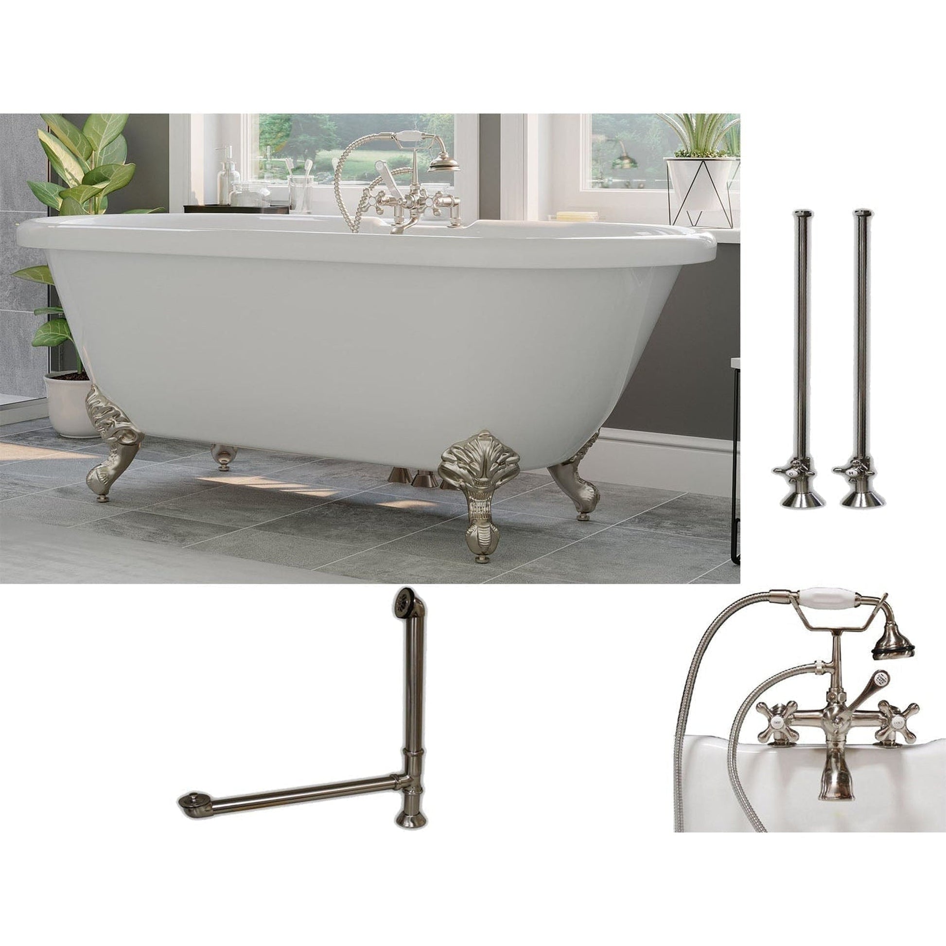 Cambridge Plumbing 60" White Acrylic Double Ended Clawfoot Bathtub With Deck Holes And Complete Plumbing Package Including 2” Riser Deck Mount Faucet, Supply Lines, Drain And Overflow Assembly In Brushed Nickel