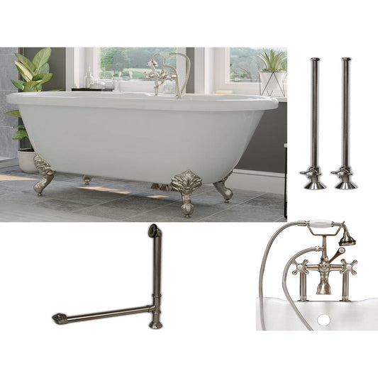 Cambridge Plumbing 60" White Acrylic Double Ended Clawfoot Bathtub With Deck Holes And Complete Plumbing Package Including 6” Riser Deck Mount Faucet, Supply Lines, Drain And Overflow Assembly In Brushed Nickel