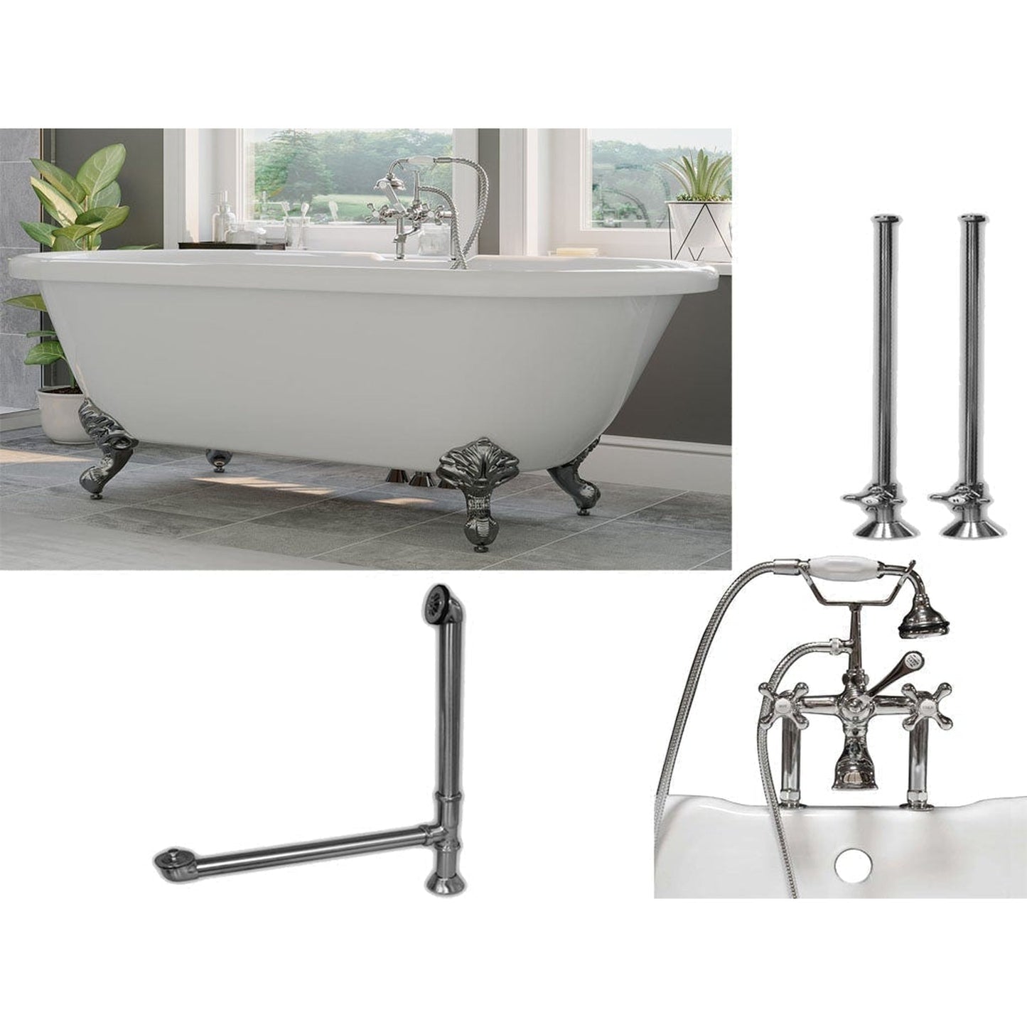 Cambridge Plumbing 60" White Acrylic Double Ended Clawfoot Bathtub With Deck Holes And Complete Plumbing Package Including 6” Riser Deck Mount Faucet, Supply Lines, Drain And Overflow Assembly In Polished Chrome