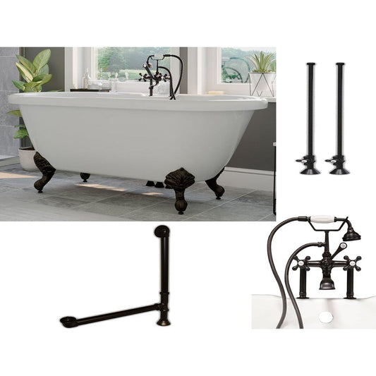 Cambridge Plumbing 60" White Acrylic Double Ended Clawfoot Bathtub With Deck Holes And Complete Plumbing Package Including 6” Riser Deck Mount Faucet, Supply Lines, Drain And Overflow Assembly In Oil Rubbed Bronze
