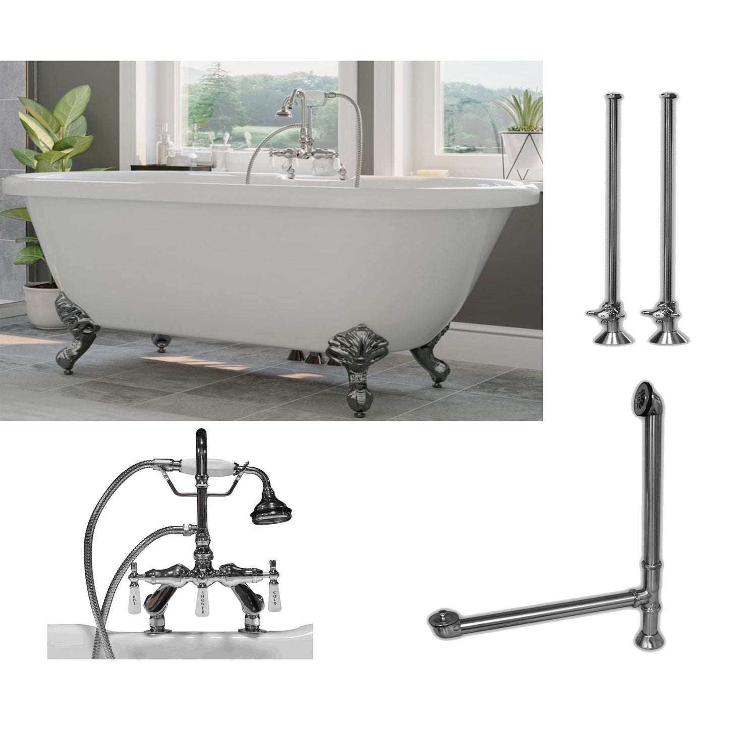Cambridge Plumbing 60" White Acrylic Double Ended Clawfoot Bathtub With Deck Holes And Complete Plumbing Package Including Porcelain Lever English Telephone Brass Faucet, Supply Lines, Drain And Overflow Assembly In Polished Chrome