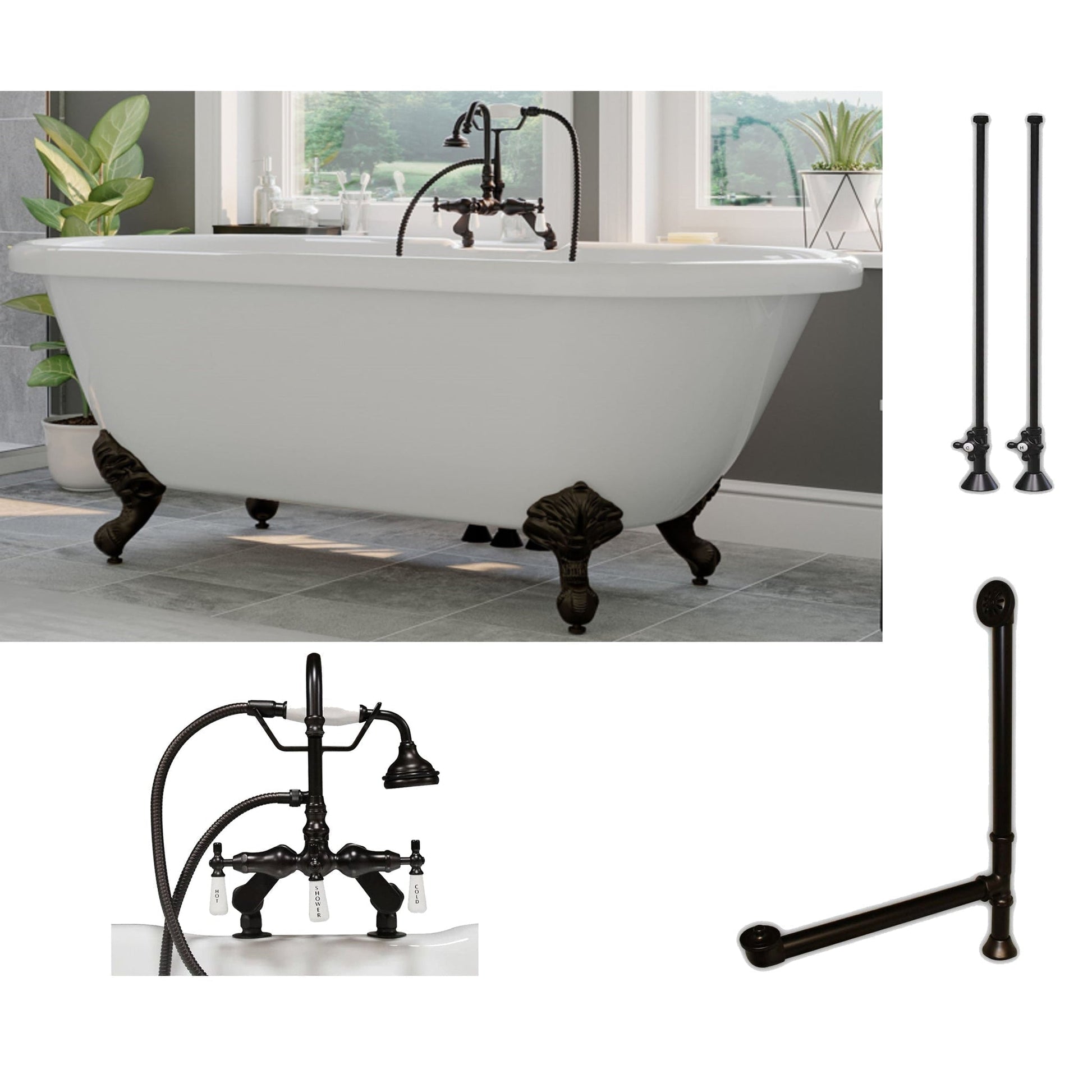 Cambridge Plumbing 60" White Acrylic Double Ended Clawfoot Bathtub With Deck Holes And Complete Plumbing Package Including Porcelain Lever English Telephone Brass Faucet, Supply Lines, Drain And Overflow Assembly In Oil Rubbed Bronze