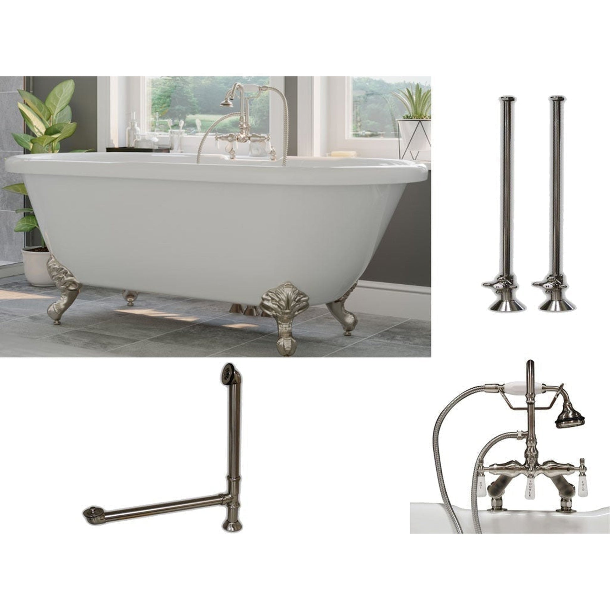 Cambridge Plumbing 60" White Acrylic Double Ended Clawfoot Bathtub With Deck Holes And Complete Plumbing Package Including Porcelain Lever English Telephone Brass Faucet, Supply Lines, Drain And Overflow Assembly In Brushed Nickel