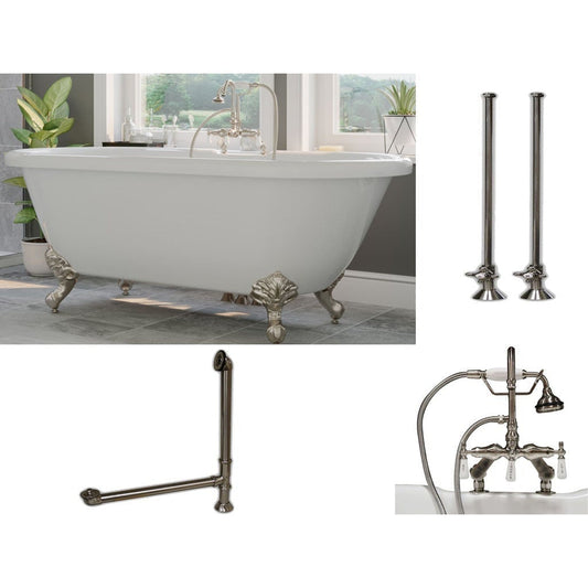 Cambridge Plumbing 60" White Acrylic Double Ended Clawfoot Bathtub With Deck Holes And Complete Plumbing Package Including Porcelain Lever English Telephone Brass Faucet, Supply Lines, Drain And Overflow Assembly In Brushed Nickel