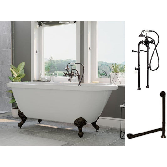 Cambridge Plumbing 60" White Acrylic Double Ended Clawfoot Bathtub With No Deck Holes And Complete Plumbing Package Including Floor Mounted British Telephone Faucet, Drain And Overflow Assembly In Oil Rubbed Bronze