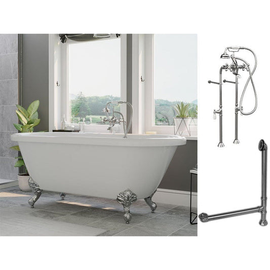 Cambridge Plumbing 60" White Acrylic Double Ended Clawfoot Bathtub With No Deck Holes And Complete Plumbing Package Including Floor Mounted British Telephone Faucet, Drain And Overflow Assembly In Polished Chrome