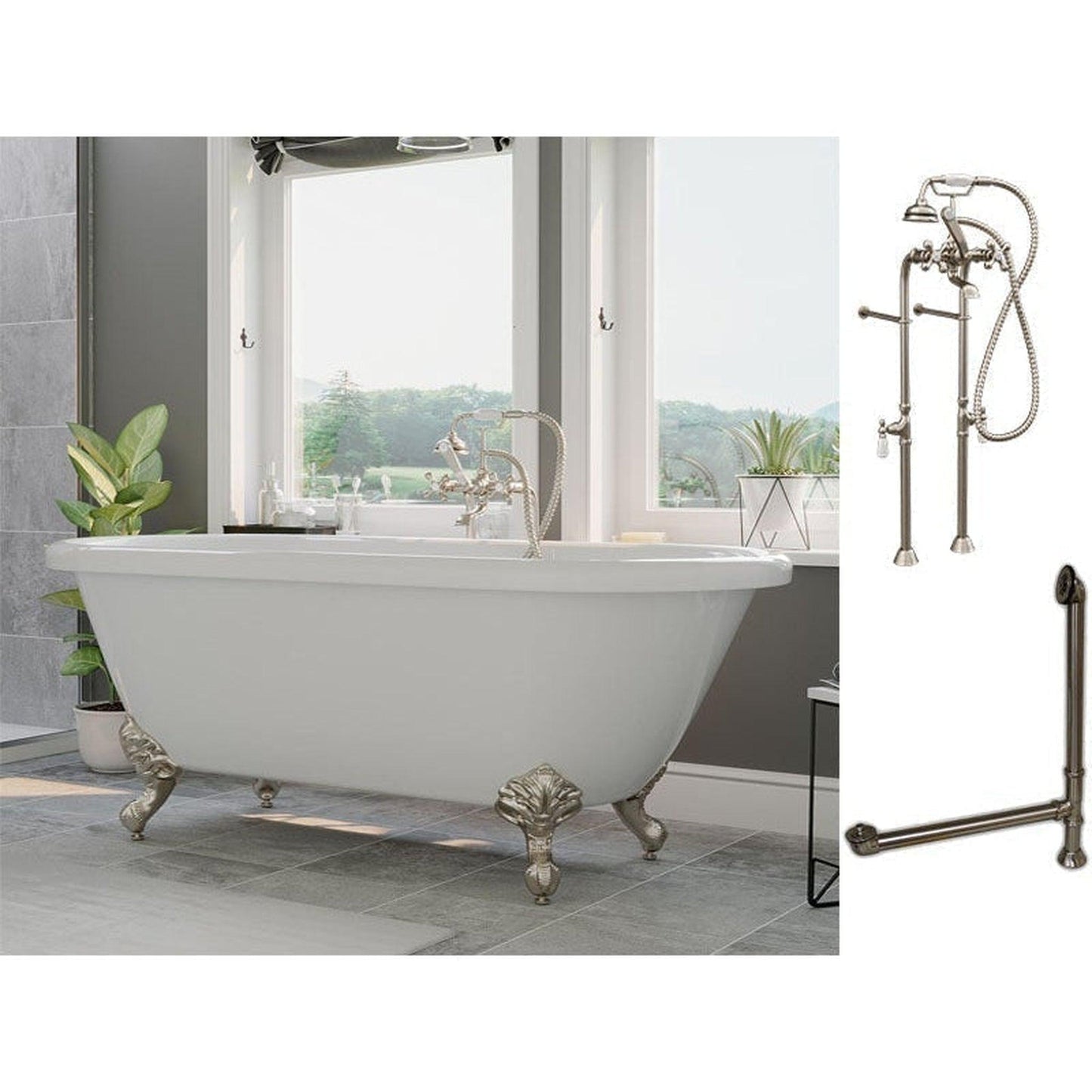 Cambridge Plumbing 60" White Acrylic Double Ended Clawfoot Bathtub With No Deck Holes And Complete Plumbing Package Including Floor Mounted British Telephone Faucet, Drain And Overflow Assembly In Brushed Nickel