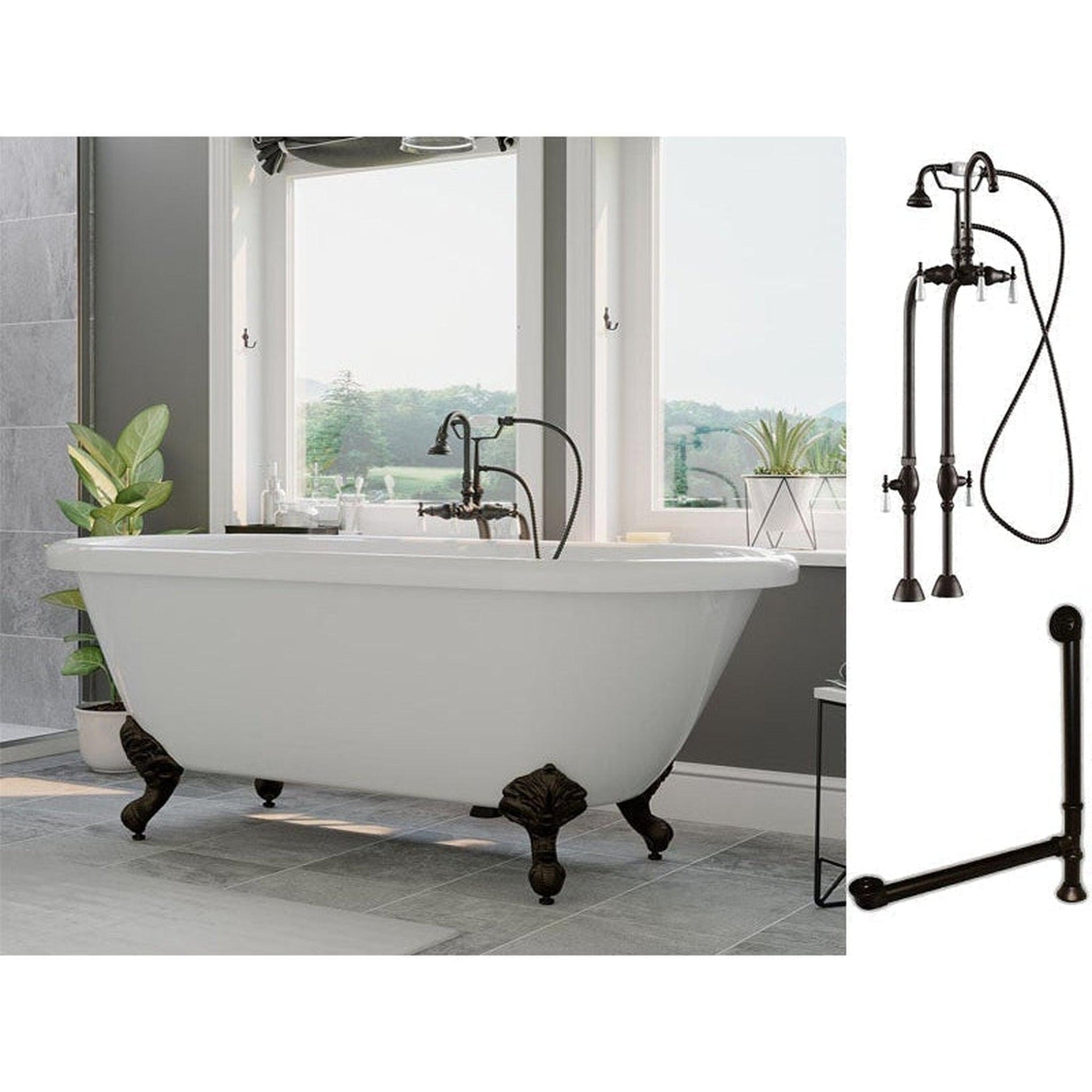 Cambridge Plumbing 60" White Acrylic Double Ended Clawfoot Bathtub With No Deck Holes And Complete Plumbing Package Including Freestanding English Telephone Gooseneck Faucet, Drain And Overflow Assembly In Oil Rubbed Bronze