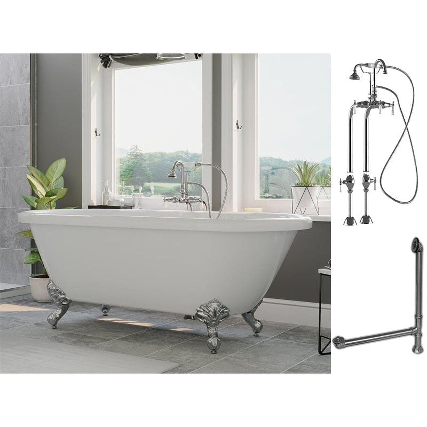Cambridge Plumbing 60" White Acrylic Double Ended Clawfoot Bathtub With No Deck Holes And Complete Plumbing Package Including Freestanding English Telephone Gooseneck Faucet, Drain And Overflow Assembly In Polished Chrome