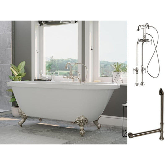 Cambridge Plumbing 60" White Acrylic Double Ended Clawfoot Bathtub With No Deck Holes And Complete Plumbing Package Including Freestanding English Telephone Gooseneck Faucet, Drain And Overflow Assembly In Brushed Nickel