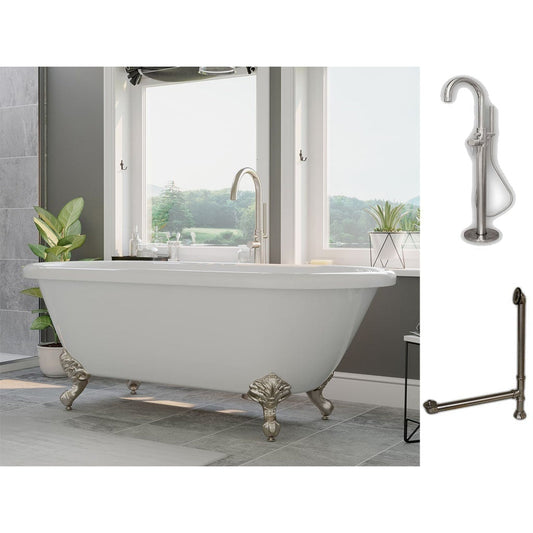Cambridge Plumbing 60" White Acrylic Double Ended Clawfoot Bathtub With No Deck Holes And Complete Plumbing Package Including Modern Floor Mounted Faucet, Drain And Overflow Assembly In Brushed Nickel