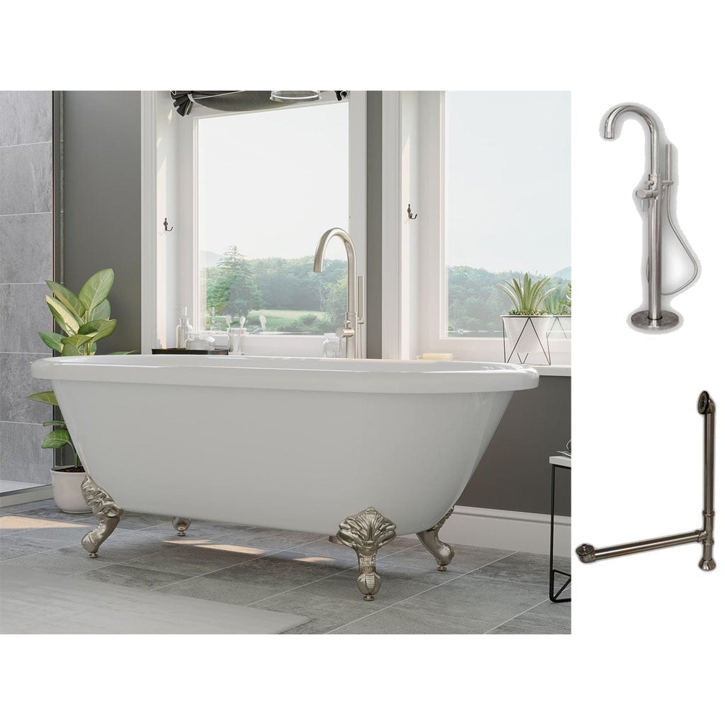 Cambridge Plumbing 60" White Acrylic Double Ended Clawfoot Bathtub With No Deck Holes And Complete Plumbing Package Including Modern Floor Mounted Faucet, Drain And Overflow Assembly In Brushed Nickel