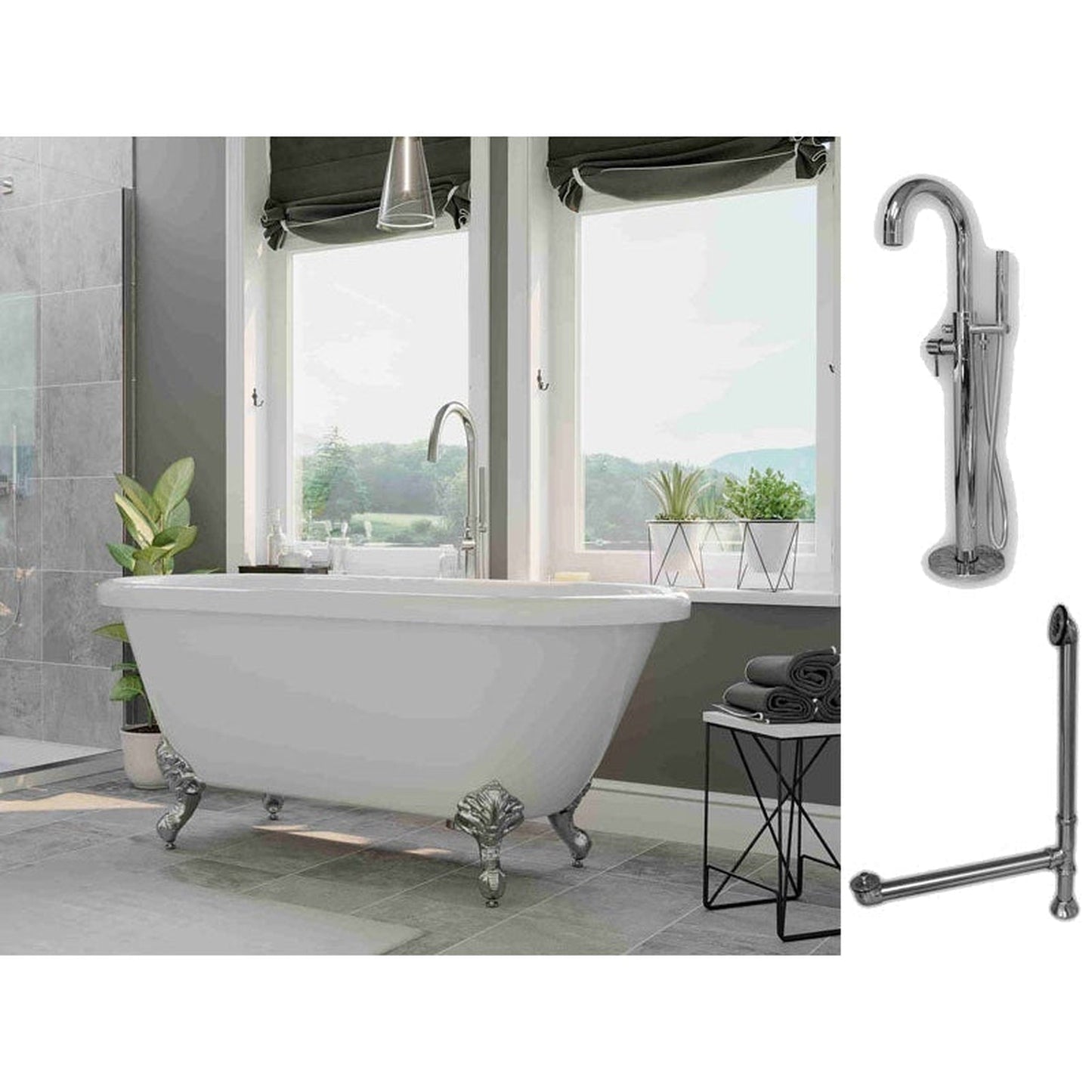 Cambridge Plumbing 60" White Acrylic Double Ended Clawfoot Bathtub With No Deck Holes And Complete Plumbing Package Including Modern Floor Mounted Faucet, Drain And Overflow Assembly In Polished Chrome