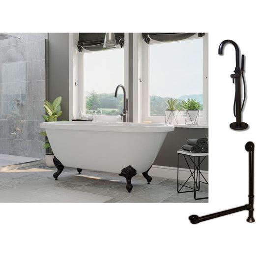 Cambridge Plumbing 60" White Acrylic Double Ended Clawfoot Bathtub With No Deck Holes And Complete Plumbing Package Including Modern Floor Mounted Faucet, Drain And Overflow Assembly In Oil Rubbed Bronze