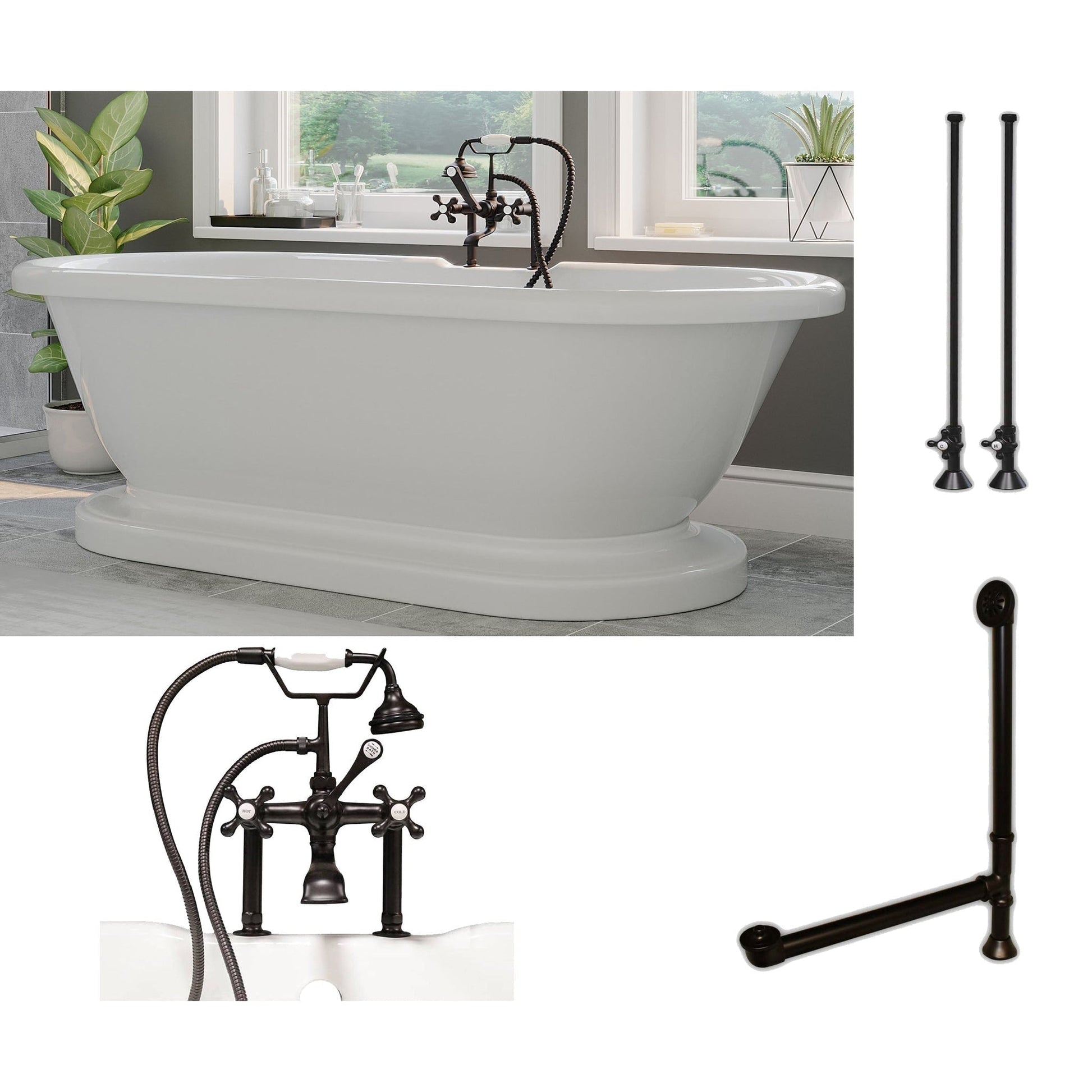 Cambridge Plumbing 60" White Acrylic Double Ended Pedestal Bathtub With Deck Holes And Complete Plumbing Package Including 6” Riser Deck Mount Faucet, Supply Lines, Drain And Overflow Assembly In Oil Rubbed Bronze