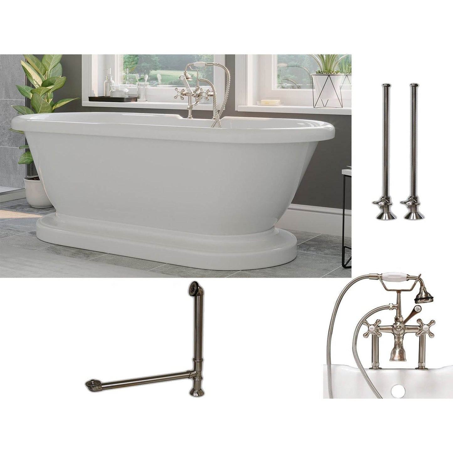 Cambridge Plumbing 60" White Acrylic Double Ended Pedestal Bathtub With Deck Holes And Complete Plumbing Package Including 6” Riser Deck Mount Faucet, Supply Lines, Drain And Overflow Assembly In Brushed Nickel